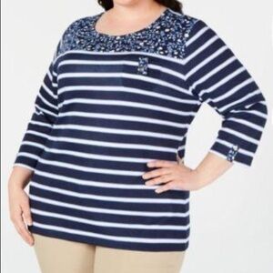 Karen Scott NWT Blue Striped Floral Detail 3/4 Sleeve Top Size 2X